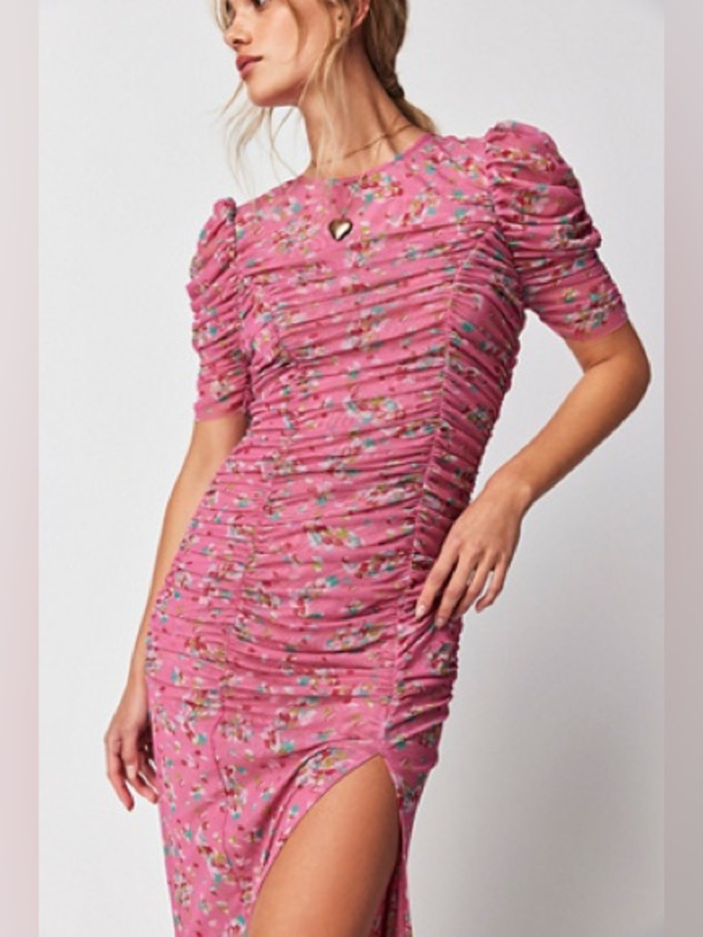 Like New Free People Briella Ruched Pink Floral Midi Dress - sold out online